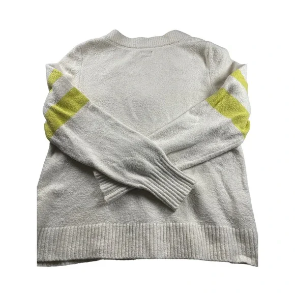 Faherty V Neck Fuzzy Knit Sweater White Neon Green Stripe Accent Size L - Picture 4 of 7